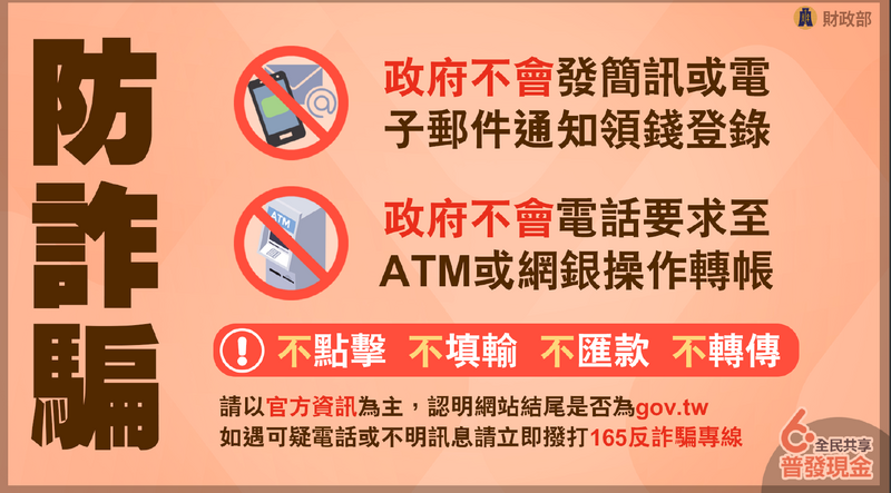 提醒民眾小心防詐騙。（行政院提供）