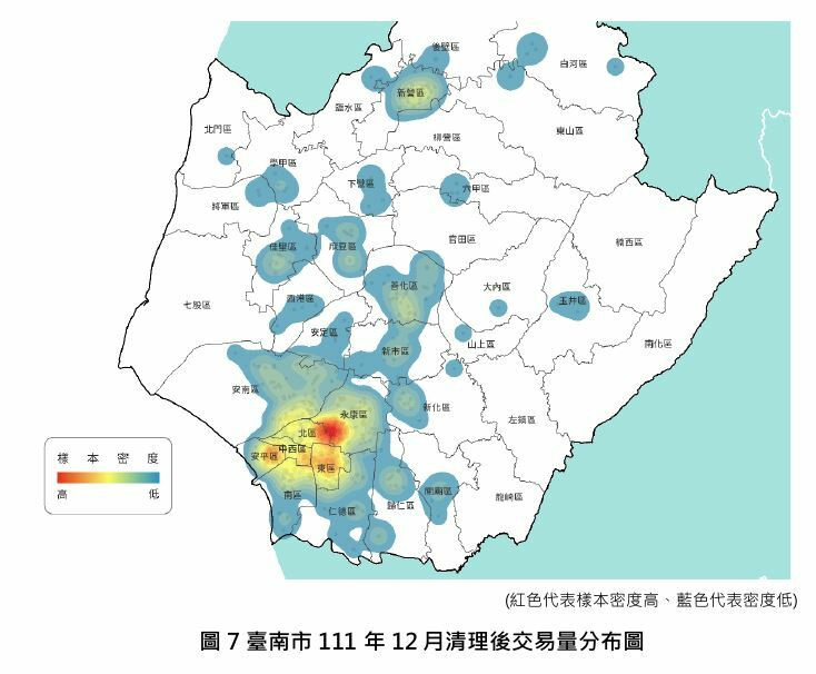 南市地政局公布2022年12月房產交易量分布圖。（南市地政局提供）