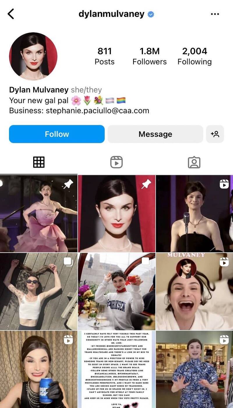 Dylan Mulvaney在社群軟體有180萬名粉絲。（圖/取自Dylan Mulvaney IG）