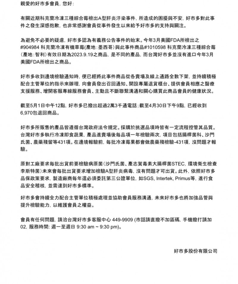 好市多爆發自有品牌科克蘭（Kirkland）冷凍3種綜合莓檢出A型肝炎汙染風暴，好市多表示，截至5月1日中午12點，好市多已撥出超過2萬3000通電話，並已經收到 6,970包退回商品。 （好市多提供）