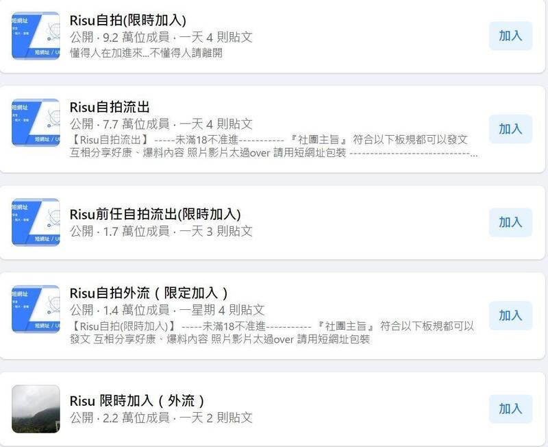 有大批網友爆料，指出臉書出現多個開頭名為「RISU」的社團，其內部充斥著大量未經當事人同意的偷拍照片與影片，且對象多為女性。（圖擷取自臉書搜尋）