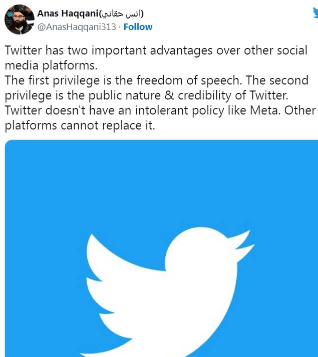 哈卡尼推文稱：Twitter相對於其他社交媒體平台有兩個重要的優勢，第一個是言論自由。第二個是Twitter的公共性和公信力。