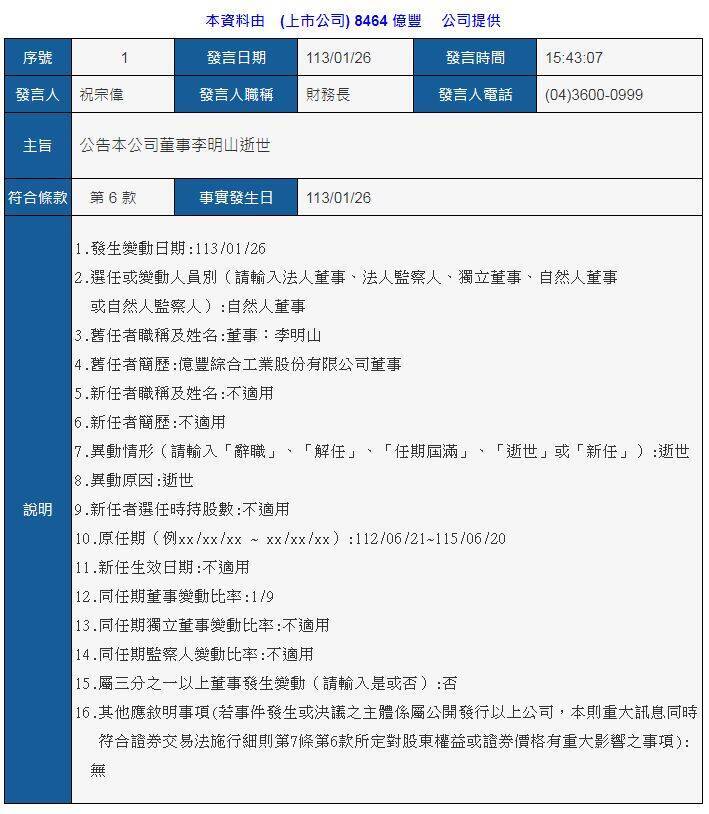 億豐26日發布公告，證實李明山逝世。（圖翻攝自公開資訊觀測站）