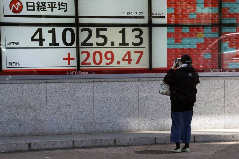 日經指數在3月22日首度站上4萬1000點，寫下41087.75點的盤中新高。（美聯社資料照）
