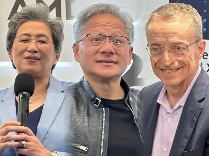 輝達執行長黃仁勳（圖中），超微執行長蘇姿丰（圖左），英特爾執行長季辛格（圖右）。（記者方韋傑攝）