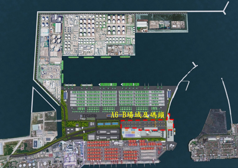高雄港洲際一期「離岸風場水下基礎組裝基地」位置圖（紅色虛線）。（台灣港務公司提供）
