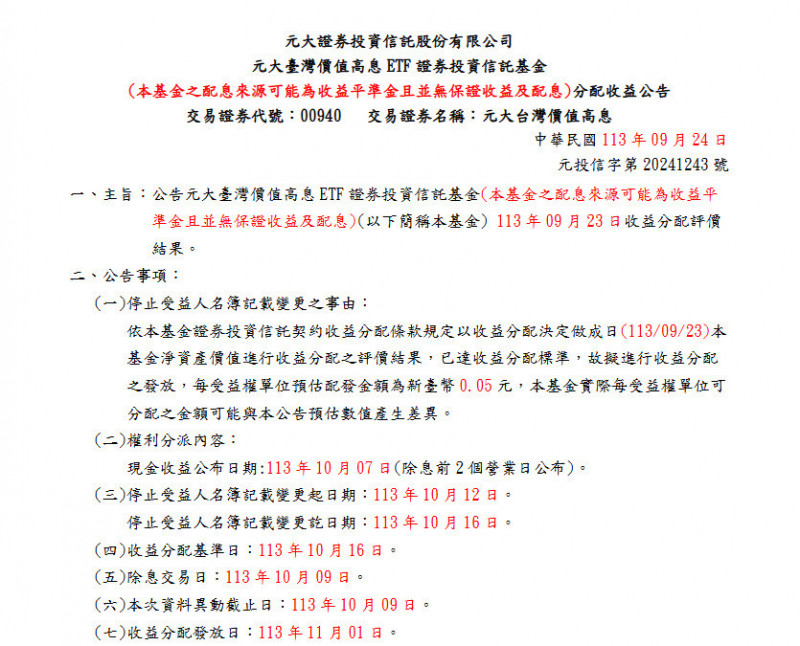 00940公告10月配息0.05元，10月9日除息。（擷取自元大投信網站）