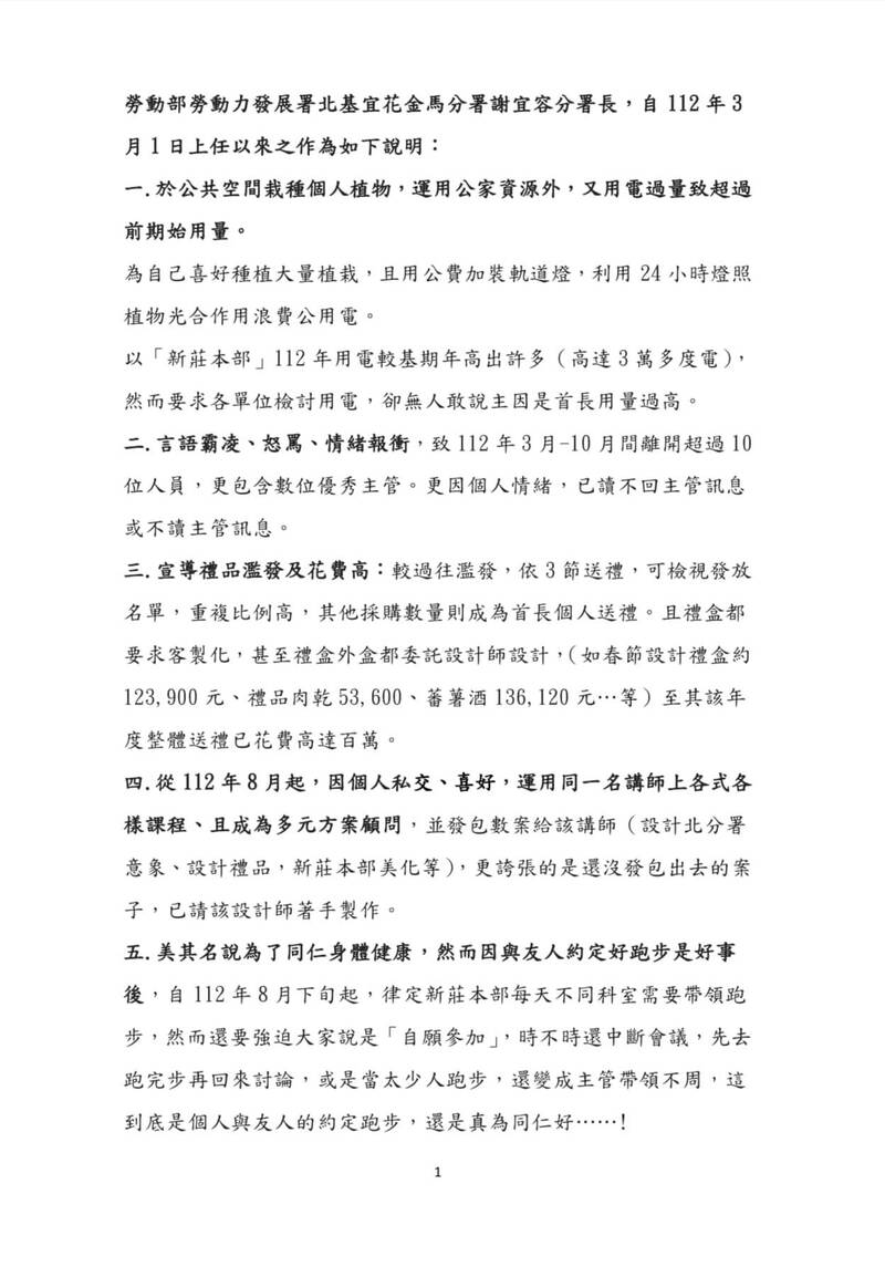 李宇翔也公布謝宜容自去年三月上任以來的作為，包括在公共空間栽種個人植物，運用公家資源，又用電過量導致超過前期使用量；言語霸凌、辱罵、情緒暴衝等。（取自李宇翔臉書）