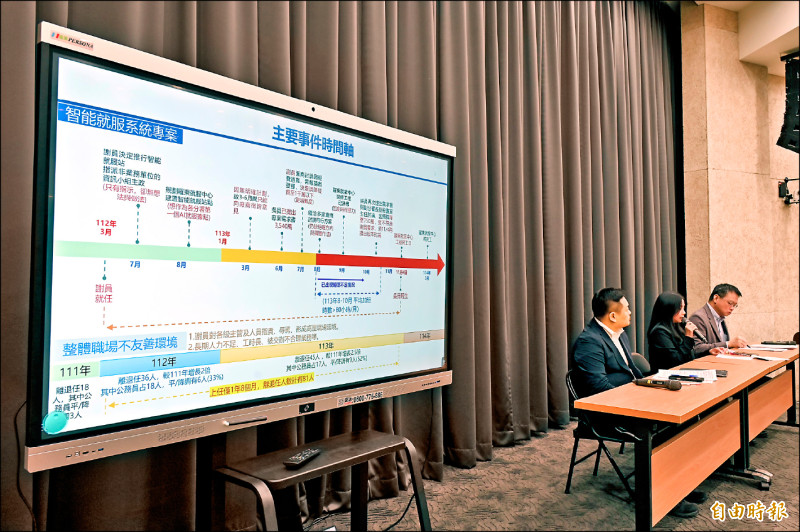 勞動部勞動力發展署北分署職場霸凌案，勞動部長洪申翰（左一）昨親自說明重啟調查結果，認定前分署長謝宜容確有霸凌行為。（記者塗建榮攝）
