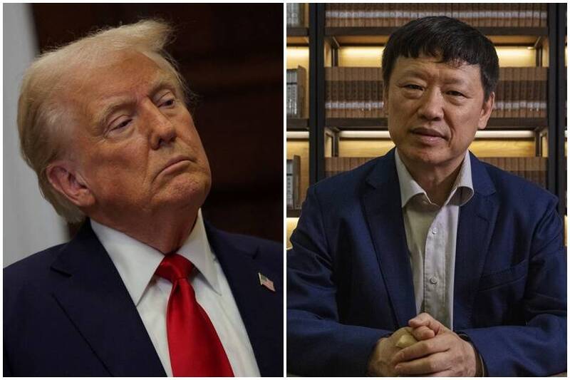 美國總統川普（圖左）對中國商品徵收10%附加關稅，胡錫進（圖右）認為，美國兜一大圈還是得買中國貨。（路透、彭博，本報合成照）