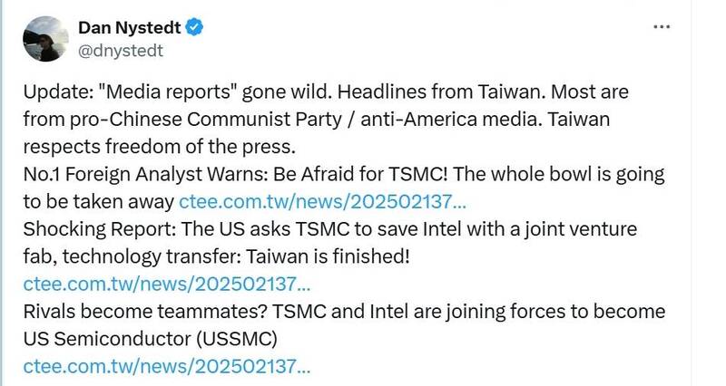 TriOrient 副總裁奈斯泰德（Dan Nystedt）在社群平台點名3則新聞來自親中共反美的台媒。（圖取自Dan Nystedt X帳號）