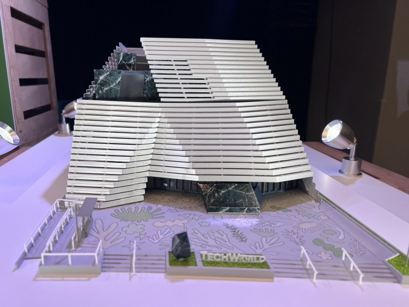 台灣展館正式名稱為「TECH WORLD館」，外觀設計理念以群山為概念。（記者林菁樺攝）