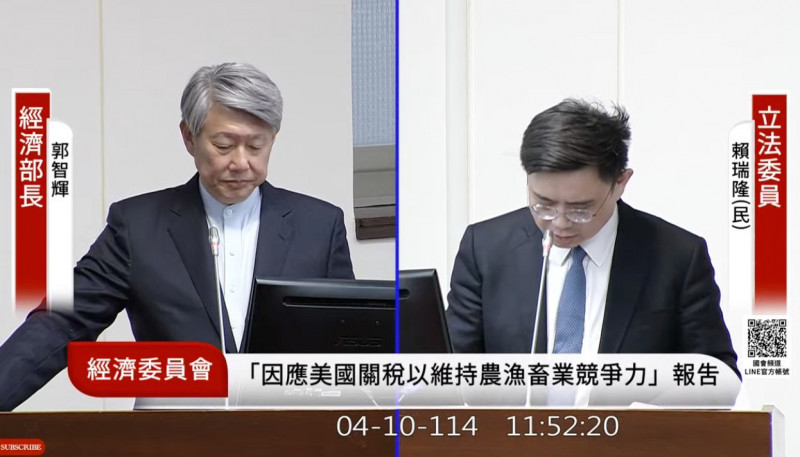 美國總統川普宣布對各國對等關稅進入90天豁免談判期，唯獨對提出報復性措施的中國加稅125%。經濟部長郭智輝（左）表示，情況不言可喻。（圖取自國會頻道）