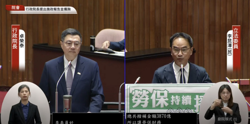 民進黨立委李昆澤質詢行政院長卓榮泰。（記者謝君臨翻攝）