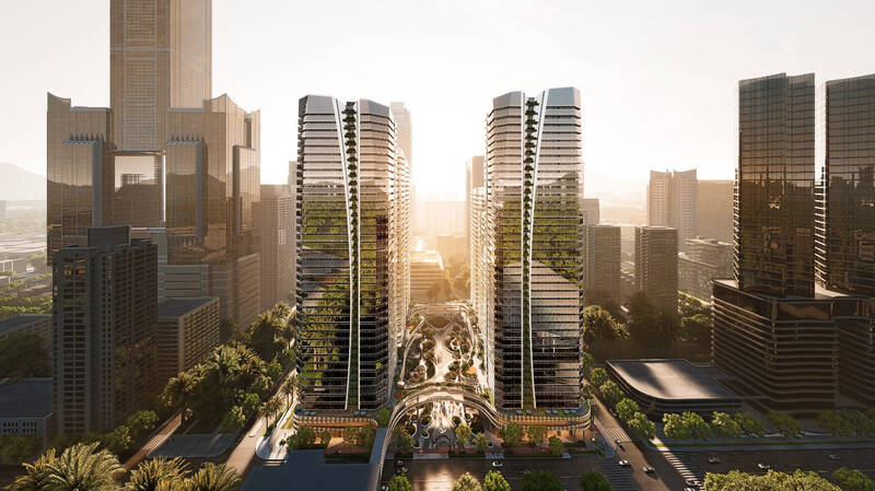 亞灣特貿三北基地、成功二路側往總圖視角模擬示意。（高市都發局提供）