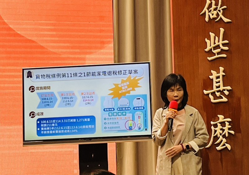 行政院院會今日通過「貨物稅條例第11條之1修正草案」，買節能電器減徵貨物稅修法延至2027年底。財政部賦稅署署長宋秀玲表示，預估每年可節電5.15億度，相當於節省電費17.78億元。（記者陳鈺馥攝）
