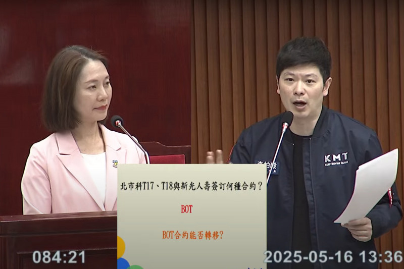 台北市議員李柏毅（右）詢問，北士科T17、T18地上權能否轉移。（圖取自台北市議會網站）