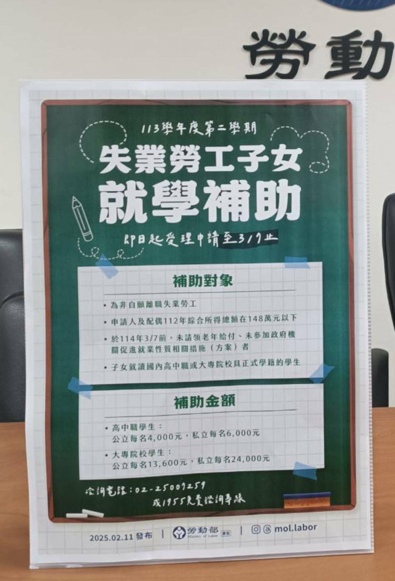 勞動部113學年第2學期就學補助，今起寄發審核結果通知單（記者李靚慧攝）