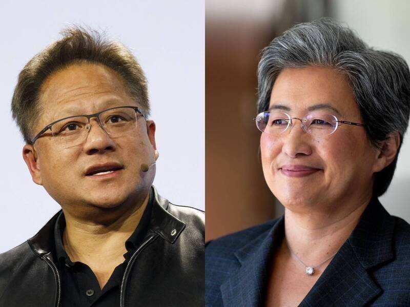 輝達執行長黃仁勳（左）與AMD執行長蘇姿丰（右）2人在AI領域表現出色。（彭博，本報合成）