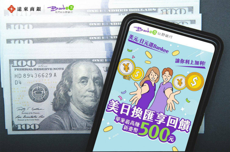 新台幣強勢，為吸引換匯族目光，遠東商銀Bankee社群銀行鎖定「美日」幣別給予限時換匯回饋。（業者提供）