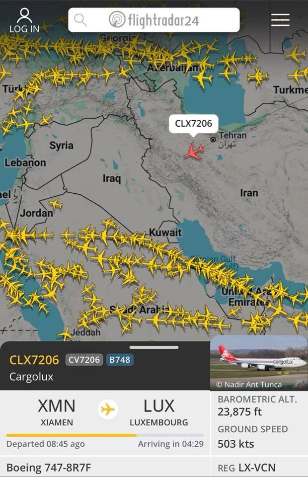 有網友根據航班追蹤網站Radarflight24的數據，聲稱Cargolux上週末繼續飛越伊朗領空。（圖擷取自網路）