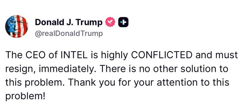 川普點名英特爾執行長陳立武應該辭職。（圖取自Truth Social）
