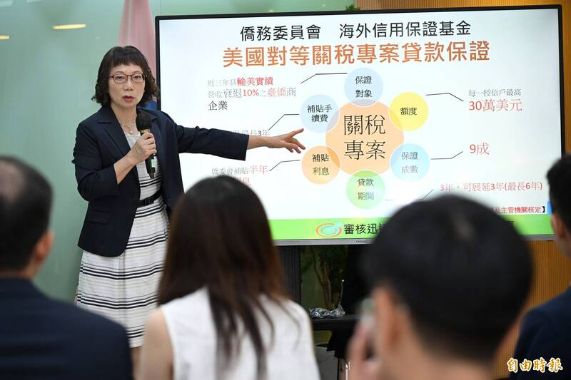 針對海外信用保證基金紓困保證專案，海外信保基金董事長林寶惜今說明相關申請資格及條件。（記者陳逸寬攝）