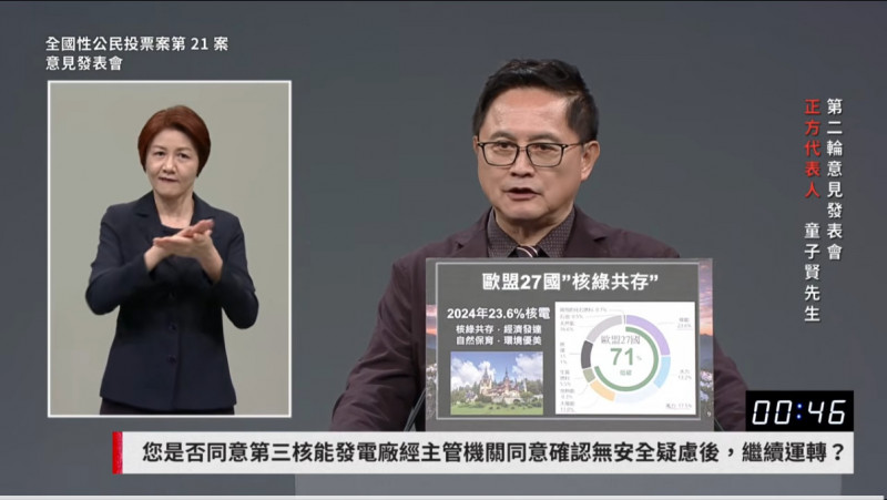 童子賢呼籲，應讓台灣能源政策回歸理性，確保經濟與環境的永續發展。（圖取自華視直播）