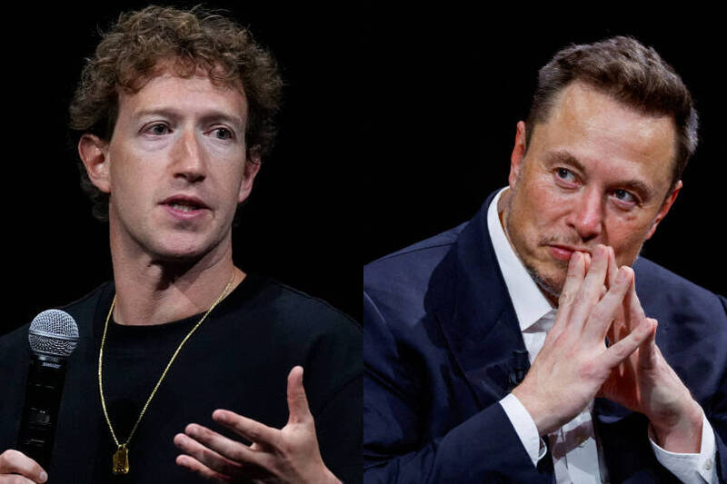 OpenAI在法庭文件中表示，馬斯克（右）曾試圖拉札克伯格（左）參與OpenAI收購案。（美聯社、路透資料照，本報合成）