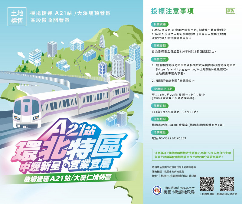桃園市政府將於9月22日上午10點進行機場捷運A21站地區及大溪埔頂營區區段徵收開發案的可建築土地標售。（桃市府地政局提供）
