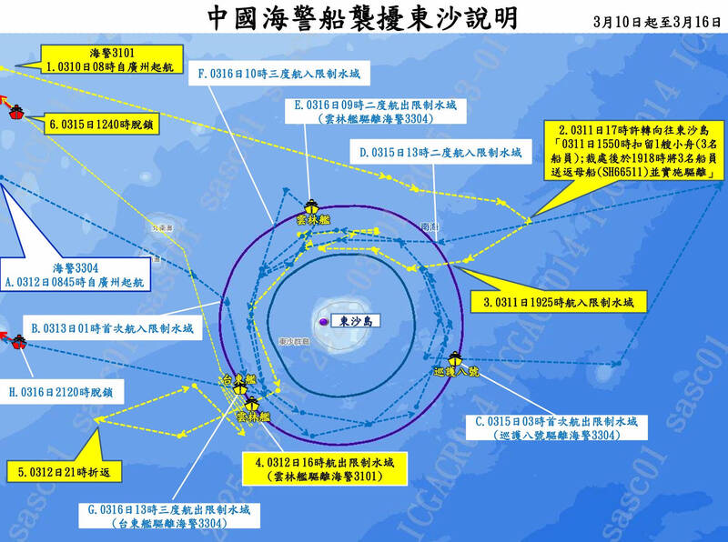 中國海警在2025年3月襲擾東沙的說明圖。（海巡署提供）