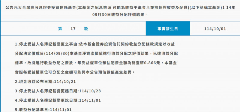 0056宣布季配息0.866元，10月23日除息。（擷取自公告）