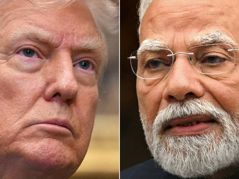 美國總統川普（Donald Trump，圖左）週日重申，印度總理莫迪（Narendra Modi，圖右）曾告訴他，印度將停止購買俄羅斯石油，並警告印度若不這麼做，將繼續承受「巨額」關稅。（法新社）