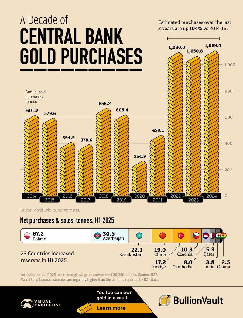 全球央行近年購金概況。(圖取自visualcapitalist)
