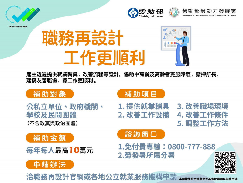 面對超高齡社會及各行業的缺工壓力,勞動部積極推動「中高齡者及高齡者企業輔導服務」協助業者進行「中高齡者及高齡者職務再設計」。(勞動部提供)
