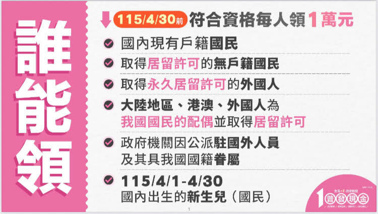 普發現金發放對象包括我國國民、取得永久居留許可等。（財政部提供）