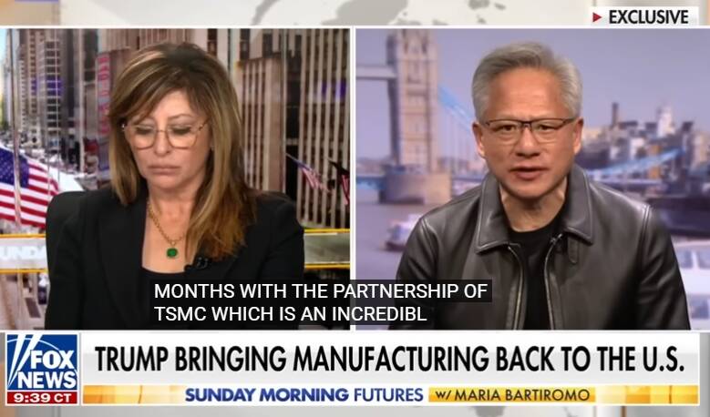 輝達執行長黃仁勳在接受美國福斯新聞採訪時，他對台積電、鴻海集團富士康、緯創等台灣合作夥伴表示感謝，如果沒有台灣供應鏈就沒有美國製造。（截圖取自福斯新聞）