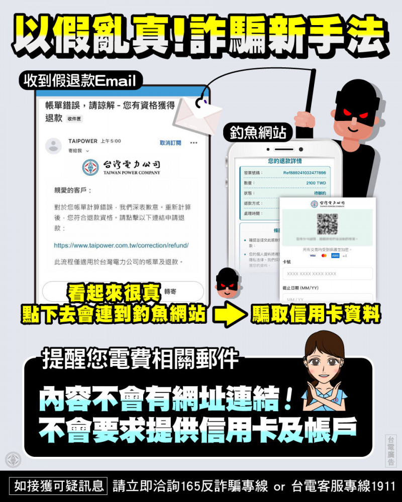 近日有不法份子假冒台電名義，發送「帳單錯誤、退款通知、立即申請退款」的電子郵件。台電呼籲民眾提高警覺，以免受騙。（台電提供）