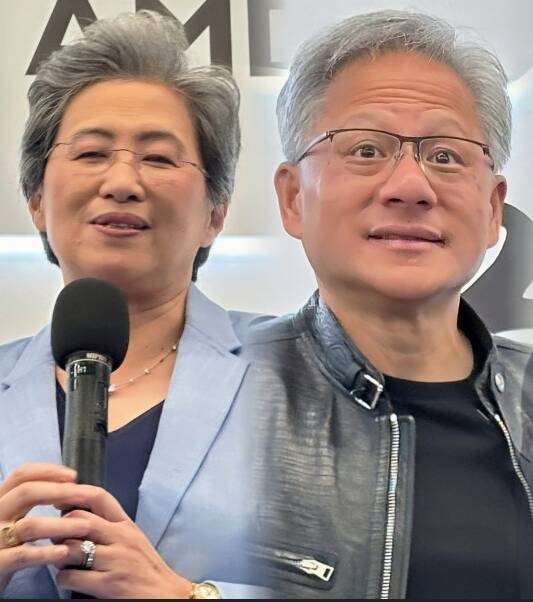 分析師認為，AMD的優勢在於晶片及相關產品比輝達便宜。圖左為AMD執行長蘇姿丰，右為輝達執行長黃仁勳。（資料照，本報合成）