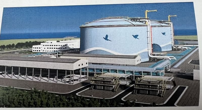 台塑麥寮工業區液化天然氣（LNG）接收站將建置2座16萬公秉儲槽，圖為儲槽模擬圖。（記者黃淑莉翻攝）