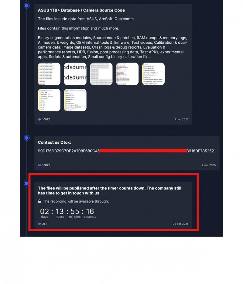 Everest 25日耶誕節當天更新貼文，改口表示將於倒數計時結束後，釋出全部竊得的華碩資料。（圖／翻攝暗網）