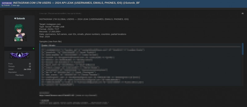 資安公司Malwarebytes證實，Instagram資料遭外洩，約1,750萬個帳號受影響，更進一步指出，發布該批資料的駭客代號為「Solonik」。（截自CyberInsider網站）