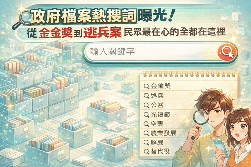 機關檔案目錄查詢網（簡稱NEAR），金鐘獎、逃兵、替代役等都成了熱門搜尋詞。（AI示意圖）