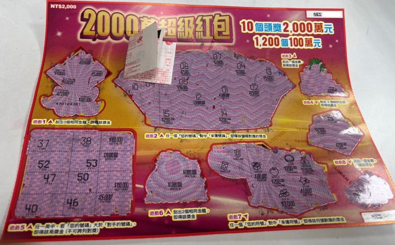 台彩表示，苗栗一對母女買了1本「2000萬超級紅包」， 結果刮中100萬元。（台彩提供）