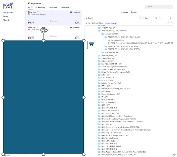 駭客組織World Leaks點名Nike，據稱源自Nike內部系統的商業資料已被釋出。（圖片出自暗網）