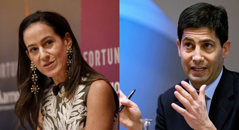 美國總統川普近日提名華許（Kevin Warsh）（圖右）為下一任聯準會主席後，媒體目光也延伸至他的妻子珍蘭黛（Jane Lauder）。（美聯社、彭博）