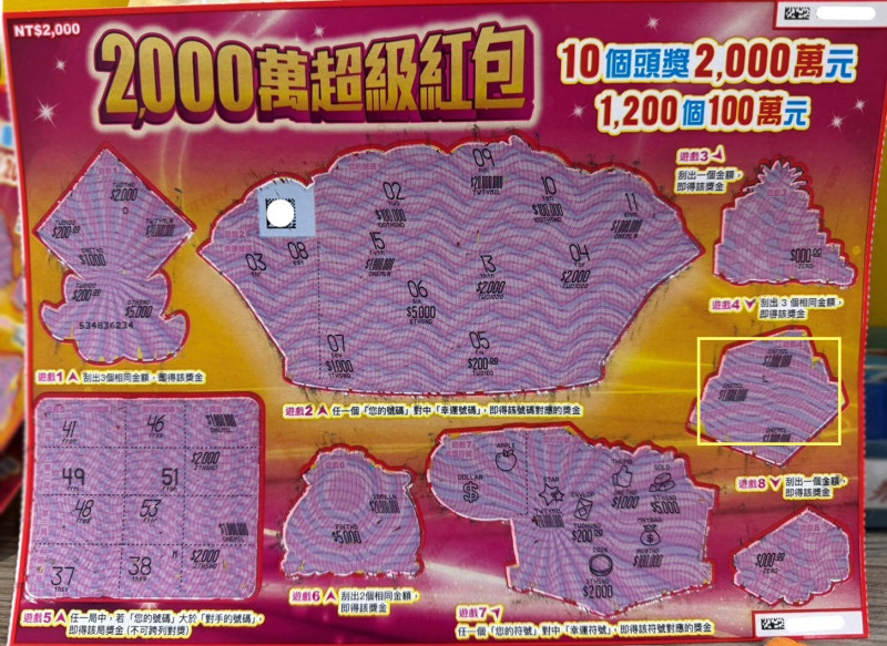 台彩表示，花蓮1位婦人夢見自已跌入聚寶盆，隔天刮中100萬元。（台彩提供）