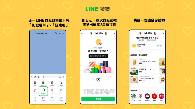 LINE禮物宣布「群組送禮」功能全面升級，單一群組可同時送禮的人數即日起上限提高至50人。（業者提供）