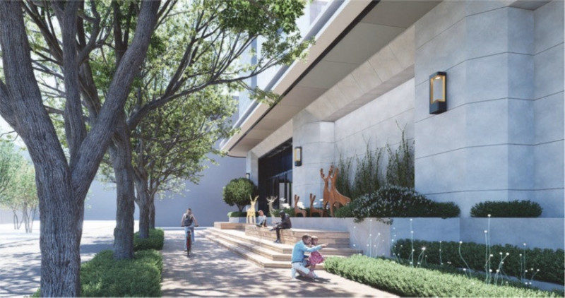 春福建設團隊計畫於成功一路側退縮留設約18.5公尺之綠化人行步道及開放空間，打造林蔭大道。（捷運局提供）