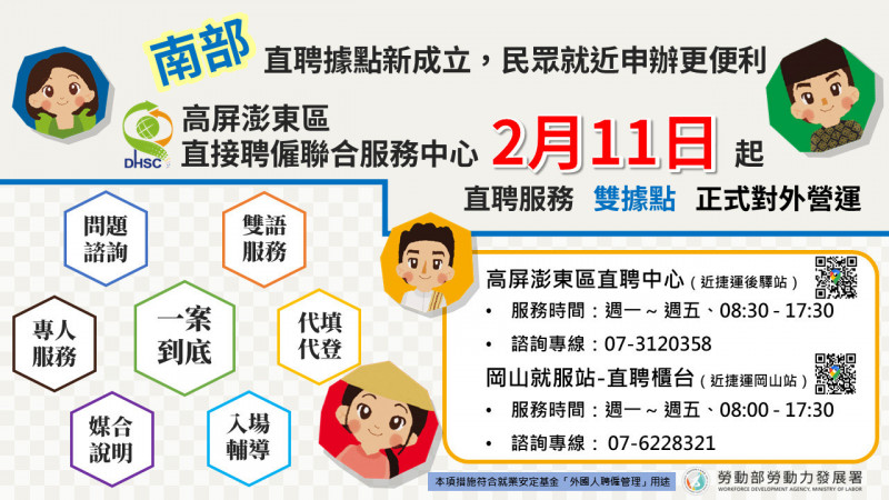勞動部勞動力發展署高屏澎東區直聘中心啟用，在地即可申辦移工聘僱（發展署提供）
